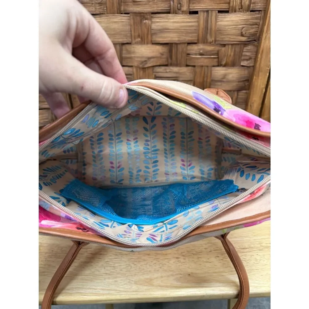 Tupperware Pink & Purple Floral Beige Tote with Brown Handles - Picture 5 of 5